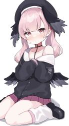 1girl beret black_shirt black_shoes black_wings blue_archive blush commentary feathered_wings full_body hat head_wings highres kneehighs koharu_(blue_archive) long_sleeves looking_at_viewer loose_socks low_wings off-shoulder_shirt off_shoulder onakkasuita pink_eyes pink_hair pink_skirt pleated_skirt sailor_collar shirt shoes simple_background sitting skirt sleeves_past_wrists socks solo wariza white_background white_sailor_collar winged_hat wings
