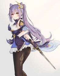 Rule 34 | 1girl, absurdres, ass, bare shoulders, black panties, blush, breasts, brown pantyhose, choker, cone hair bun, detached sleeves, double bun, dress, frilled gloves, frills, from side, genshin impact, gloves, hair bun, hair ears, highres, holding, holding sword, holding weapon, humany, keqing (genshin impact), looking at viewer, medium breasts, neck tassel, panties, panties under pantyhose, pantyhose, purple choker, purple dress, purple eyes, purple gloves, purple hair, sideboob, solo, standing, sword, thighband pantyhose, thighs, twintails, underwear, weapon