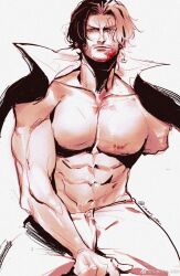 1boy abs amputee bara beard blood blood_on_face closed_mouth connected_beard facial_hair high_collar highres large_pectorals looking_at_viewer male_focus monochrome one_piece pants pectorals scar scar_across_eye scar_on_face shanks_(one_piece) short_hair solo topless_male vamos_mk