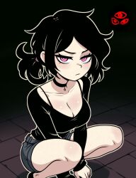 1girl ashley_graves black_hair black_shirt black_sweater blush bra_strap breasts choker cleavage gozuu green_eyes incest long_sleeves looking_at_viewer pink_eyes ponytail shirt shorts siblings sweater the_coffin_of_andy_and_leyley