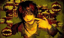 Rule 34 | 1boy, bags under eyes, bandage on face, bandages, black hair, black shirt, blood, blood on teeth, bloodshot eyes, collarbone, collared shirt, facial hair, forced smile, goatee stubble, hair over one eye, homicipher, index finger raised, male focus, messy hair, mr. crawling, portrait, shirt, short hair, solo, squalid114617, stubble, teeth, too many teeth