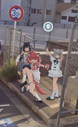 Rule 34 | 3girls, absurdres, akami karubi, animal ears, animal hands, apron, black hair, blue eyes, cat ears, cat girl, chain-link fence, double v, dress, fence, gloves, google street view, grey hair, high school girls posing for google street view (meme), highres, indie virtual youtuber, loafers, long hair, meme, minami (minami summer), multiple girls, nachoneko, one eye closed, paw gloves, photo background, red dress, red hair, shoes, sidewalk, socks, standing, standing on one leg, v, virtual youtuber, white apron, white dress, white socks, yellow eyes, yoru yoichi
