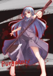1girl barefoot blue_hair cleaver degtyaryov2952 dress empty_eyes enri_louvre evil_smile grey_dress highres holding holding_weapon long_hair naraku naraku_1 red_eyes smile solo weapon