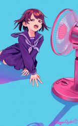 1girl absurdres blue_background brown_hair electric_fan highres kagenoyuhi long_sleeves neckerchief on_floor open_mouth original sailor_collar school_uniform serafuku simple_background sitting skirt solo sweat