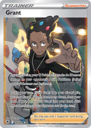 1boy artist_name black_shirt brown_eyes brown_hair card_(medium) character_name climbing company_name copyright_name copyright_notice creatures_(company) dark-skinned_male dark_skin english_text game_freak grant_(pokemon) grey_pants hair_ornament indoors ishikawa_hideki long_sleeves male_focus nintendo official_art pants poke_ball poke_ball_(basic) pokemon pokemon_card pokemon_tcg pokemon_xy rock_climbing shirt short_hair smile sweat third-party_source trading_card