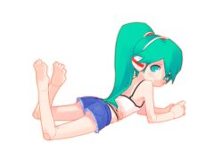 Rule 34 | 0123456789, 1girl, android, aqua eyes, back, barefoot, blush, camisole, charu (ape escape), charu (saru getchu), cutoffs, denim, denim shorts, doll joints, feet, female focus, green hair, joints, legs up, long hair, looking back, lying, on stomach, ponytail, robot ears, robot joints, saru getchu, shorts, solo, tank top, the pose, toes