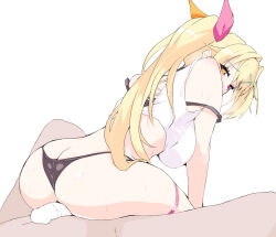 Rule 34 | 1boy, 1girl, ass, blonde hair, breasts, butt crack, buttjob, censored, commentary request, girl on top, hair ornament, hair ribbon, hetero, heterochromia, highres, hoshikawa sara, hoshikawa sara (1st costume), large breasts, looking back, nijisanji, ohako, partial commentary, penis, red eyes, reverse cowgirl position, ribbon, shirt, simple background, solo focus, straddling, sweat, teasing, thigh strap, tied shirt, virtual youtuber, white background, white shirt, x hair ornament, yellow eyes