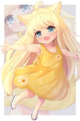 Rule 34 | 1girl, absurdres, animal ears, blonde hair, blue eyes, cat ears, cat girl, chrocatz, collarbone, commentary request, commission, dress, fang, full body, highres, looking at viewer, open mouth, original, outstretched arms, pixiv commission, skin fang, spread arms, yellow dress, zoom layer