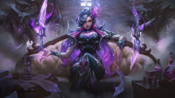 1girl 2boys absurdres armor beard black_jacket black_pants blurry blurry_background blurry_foreground bottle breasts choker colored_sclera couch crossed_legs dagger facial_hair feet_out_of_frame fingernails floating floating_object floating_weapon flower gem glowing glowing_eye glowing_flower hair_flower hair_ornament hair_over_one_eye hat high_noon_katarina highres hourglass indoors jacket katarina_(league_of_legends) knife large_breasts league_of_legends long_hair long_sleeves looking_at_viewer magic mole mole_under_eye multiple_boys official_alternate_costume official_art on_couch orange_sclera pants purple_hair purple_jacket qi_mang_(qimang) scar scar_across_eye scar_on_face sitting slit_pupils smile smirk smoke solo_focus table very_long_hair wavy_hair weapon wrist_cuffs