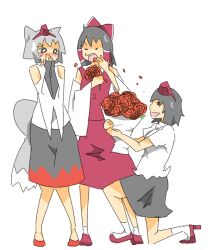 3girls animal_ears black_hair blush bouquet bow crying detached_sleeves eating_flower flower geta grey_hair hair_bow hair_tubes hakurei_reimu hands_on_own_face hat holding holding_bouquet holding_flower inubashiri_momiji looking_at_another multiple_girls murata_(kendou) on_one_knee red_bow red_flower red_rose rose shameimaru_aya short_hair tail tengu-geta tokin_hat touhou wolf_ears wolf_girl wolf_tail