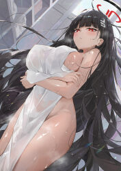 1girl arms_under_breasts black_hair blue_archive blunt_bangs blush breasts bright_pupils dema_hmw from_below hair_ornament hairclip halo highres large_breasts long_hair looking_at_viewer looking_down naked_towel paid_reward_available parted_lips red_eyes rio_(blue_archive) solo thighs towel wet white_pupils