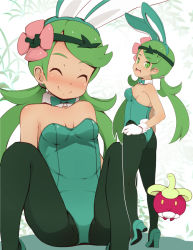 Rule 34 | 1girl, :d, ^ ^, animal ears, bare shoulders, breasts, cleavage, closed eyes, closed mouth, commentary request, dark-skinned female, dark skin, detached collar, fake animal ears, flower, garoudo (kadouhan&#039;i), gloves, green eyes, green hair, green hairband, green pantyhose, hair flower, hair ornament, hairband, leotard, long hair, mallow (pokemon), multiple views, nintendo, open mouth, pantyhose, playboy bunny, pokemon, pokemon (creature), pokemon sm, rabbit ears, sitting, smile, standing, teeth, twintails, upper teeth only, white gloves