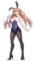 Rule 34 | 1girl, absurdres, alternate costume, animal ear hairband, animal ears, bare shoulders, black bow, black bowtie, black pantyhose, black ribbon, black shoes, blush, bow, bowtie, breasts, cleavage, collar, commentary request, detached collar, fake animal ears, girls&#039; frontline, girls&#039; frontline 2: exilium, green eyes, hair intakes, hair ribbon, hairband, high heels, highres, korean commentary, large breasts, leotard, long hair, looking at viewer, open mouth, orange hair, pantyhose, park ppaeng i, playboy bunny, purple leotard, rabbit ears, ribbon, shoes, smile, solo, springfield (girls&#039; frontline), springfield (girls&#039; frontline 2), standing, teeth, upper teeth only, white collar, white wrist cuffs, wrist cuffs