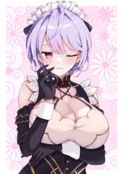 1girl absurdres ahoge bare_shoulders black_gloves breasts cagasyo chinese_clothes cleavage commentary_request detached_sleeves earrings gloves highres jewelry kozue_mone large_breasts looking_at_viewer maid_headdress nijisanji one_eye_closed pink_eyes purple_hair solo swept_bangs virtual_youtuber wrist_cuffs