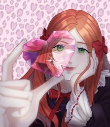 1girl bow cheek_rest chocolat_meilleure closed_mouth commentary_request earrings frills glint green_eyes hair_bow heart highres holding holding_heart i_winter_12 jewelry korean_commentary long_hair orange_hair pajamas pink_lips red_bow solo sugar_sugar_rune upper_body
