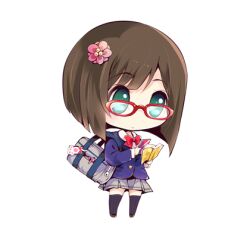 1girl aqua_eyes bag bag_charm bespectacled black_shoes black_thighhighs blazer blue_jacket blunt_bangs blunt_ends bob_cut book bow bowtie brown_hair buttons cellphone charm_(object) chibi closed_mouth collared_shirt commentary_request expressionless flower glasses grey_bag grey_skirt hair_flower hair_ornament holding holding_book holding_phone idolmaster idolmaster_cinderella_girls jacket layered_sleeves light_blush long_sleeves lowres maekawa_miku miniskirt open_book paw_print phone pink_flower pleated_skirt pocket reading red-framed_eyewear red_bow red_bowtie school_bag school_uniform shirt shoes short_hair simple_background skirt smartphone solo standing striped_clothes striped_thighhighs swept_bangs tareme thighhighs usoneko vertical-striped_clothes vertical-striped_thighhighs white_background white_shirt zettai_ryouiki zipper zipper_pull_tab