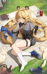 1girl absurdres animal_ear_fluff animal_ears black_gloves breasts cat claw_pose collared_shirt elbow_gloves fingerless_gloves full_body gloves green_eyes grey_shirt high-waist_shorts highres jacket ju_fufu kneehighs one_eye_closed orange_fur outdoors shirt shorts small_breasts smile socks striped_fur tail tail_ornament tiger_ears tiger_girl tiger_stripes tiger_tail white_socks xiangyu_xiangyu yellow_jacket zenless_zone_zero