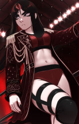 Rule 34 | 1girl, absurdres, aiguillette, black hair, black nails, breasts, commentary, english commentary, epaulettes, from below, frown, hair ornament, highres, kadence (veyonis), looking to the side, medium breasts, midriff, nail polish, navel, original, solo, veyonis, wrestling outfit, wrestling ring