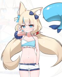 1girl animal_ear_fluff animal_ears anvel belt bikini blonde_hair blue_bow blue_eyes blue_nails blush bow closed_mouth collarbone fingernails fins fish_tail flat_chest fox_ears frilled_bikini frills groin hair_bow hand_in_pocket highres hip_focus indie_virtual_youtuber ksso0o0 long_hair looking_at_viewer low_twintails meme navel petite sameko_saba scrunchie shark_tail short_shorts shorts simple_background smile standing stomach swimsuit tail twintails virtual_youtuber white_background woe_plague_be_upon_ye_(meme) wrist_scrunchie
