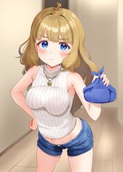 Rule 34 | 1girl, absurdres, aged up, ahoge, blue eyes, blue shorts, blush, breasts, brown hair, closed mouth, cowboy shot, denim, denim shorts, hand on own hip, highres, holding, idolmaster, idolmaster million live!, indoors, jewelry, long hair, midriff peek, navel, necklace, pout, short shorts, shorts, sleeveless, sleeveless sweater, solo, standing, suou momoko, sweater, tanukiinu005, turtleneck, turtleneck sweater