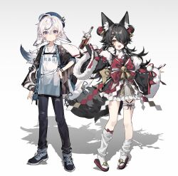 2girls black_hair black_pants blue_eyes bottle brown_eyes commission full_body hair_over_one_eye highres holding holding_bottle lite_luyu long_hair looking_at_viewer multiple_girls one_eye_covered original pants shadow simple_background white_background white_hair wide_sleeves