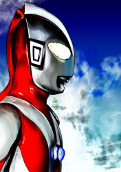 Rule 34 | 1boy, 4ze meteor, alien, blue sky, cloud, cloudy sky, color timer, colored skin, commentary, compound eyes, day, dorsal fin, from side, glowing, glowing eyes, highres, looking ahead, male focus, multicolored skin, muscular, muscular male, outdoors, red skin, silver skin, sky, solo, tokusatsu, two-tone skin, ultra series, ultraman, ultraman (1st series), upper body, white eyes, wrinkled skin