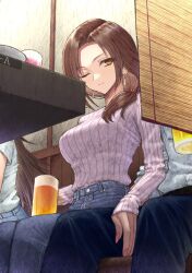 1boy 2girls absurdres alcohol aramachi asymmetrical_sidelocks beer beer_mug blue_pants brown_eyes brown_hair cup curtains denim earrings from_below hair_ornament hair_over_shoulder hair_scrunchie hand_on_another&#039;s_thigh highres himekawa_yuki idolmaster idolmaster_cinderella_girls indoors jewelry kawashima_mizuki long_hair long_sleeves mug multiple_girls nail_polish one_eye_closed pants purple_sweater red_scrunchie restaurant ribbed_sweater scrunchie shirt short_sleeves sitting smile sweater table under_table white_shirt
