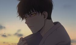 1boy ahn_jiwon bj_alex brown_hair closed_mouth cloud cloudy_sky hand_up looking_at_viewer looking_to_the_side male_focus medium_hair serious sky sunrise sweater weyowang white_sweater yellow_eyes