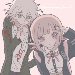 1boy 1girl :o breasts brown_hair collarbone collared_shirt danganronpa_(series) danganronpa_2:_goodbye_despair flipped_hair galaga green_jacket grey_hair hair_ornament hand_up hood jacket komaeda_nagito komanami_kawaii large_breasts long_sleeves medium_hair messy_hair nanami_chiaki neck_ribbon open_clothes open_jacket pink_eyes print_shirt ribbon shirt simple_background skirt white_shirt