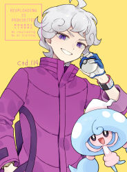 Rule 34 | 1boy, ahoge, artist name, bede (pokemon), commentary request, ctd 114, gen 8 pokemon, gloves, grey hair, grin, hand up, hatenna, highres, holding, jacket, long sleeves, looking at viewer, male focus, nintendo, poke ball, pokemon, pokemon (creature), pokemon swsh, purple eyes, purple jacket, short hair, simple background, smile, thick eyebrows, upper body, v-shaped eyebrows, watermark, white gloves, yellow background