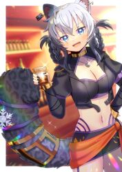 1girl :d animal_ear_fluff animal_ears black_gloves black_hair black_jacket black_nails black_shorts blue_eyes blurry blurry_background blush bottle braid breasts captain_tori cleavage commentary_request commission cropped_jacket cup depth_of_field drink drinking_glass elbow_gloves fingerless_gloves gloves grey_hair hair_between_eyes hair_rings holding holding_cup indie_virtual_youtuber jacket kou_hiyoyo medium_breasts mole nail_polish navel open_clothes open_jacket open_mouth puffy_short_sleeves puffy_sleeves scar scar_across_eye scar_on_face short_shorts short_sleeves shorts skeb_commission smile solo tail twin_braids virtual_youtuber