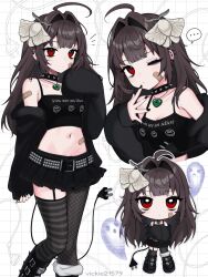 ... 1girl ahoge armpit_crease asymmetrical_legwear bags_under_eyes bandaid bandaid_on_arm bandaid_on_cheek bandaid_on_face bandaid_on_stomach bare_shoulders belt belt_buckle black_belt black_boots black_choker black_nails black_shirt black_skirt black_thighhighs boots breasts brown_hair buckle chibi chibi_inset choker cleavage closed_mouth clothes_writing collarbone crop_top ear_piercing earrings electric_plug electric_plug_tail fishnet_thighhighs fishnets hair_intakes hair_ornament hand_up heart heart_necklace highres jewelry long_hair looking_at_viewer microskirt mismatched_legwear mole mole_on_arm mole_on_breast mole_under_eye moth_hair_ornament multiple_moles multiple_views navel necklace one_eye_closed original piercing red_eyes shirt single_earring single_fishnet_legwear skirt sleeves_past_wrists spiked_choker spikes spoken_ellipsis stomach striped_clothes striped_thighhighs studded_belt tail thighhighs uneven_bangs vickie_(cryingrobot) vickie_(cryingrobot)_(character) white_background you_are_an_idiot_(virus)