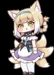 1girl animal_ears animated animated_gif arknights artist_request blue_hairband blush braid braided_hair_rings diyap_(style) dress fox_ears fox_girl fox_tail green_eyes hair_rings hairband infection_monitor_(arknights) kitsune kyuubi multiple_tails open_mouth pantyhose purple_dress simple_background solo suzuran_(arknights) tail transparent_background twin_braids variant_set white_pantyhose
