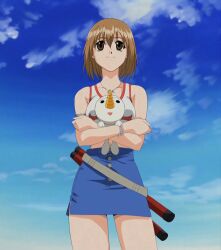 00s 1girl animal anime_screenshot belt blue_sky bracelet breasts brown_eyes brown_hair dual_wielding elie frontal_view highres holding holding_animal jewelry medium_breasts miniskirt necklace pencil_skirt plue rave_(manga) short_hair side_slit skirt sky solo standing stitched tank_top thighs third-party_edit tonfa weapon