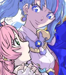 Rule 34 | 2girls, blue cape, blue eyes, blue hair, braid, cape, chou haijin chiyo, cure prism, cure sky, earrings, eye contact, fingerless gloves, gloves, green eyes, highres, hirogaru sky! precure, jewelry, looking at another, multicolored hair, multiple girls, pink hair, precure, smile, streaked hair, upper body, white gloves