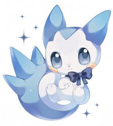 blue_bow blue_eyes bow bowtie closed_mouth dot_nose frown full_body gen_4_pokemon highres iwasi_29 nintendo no_humans pachirisu pokemon pokemon_(creature) simple_background sparkle spiked_tail tail white_background