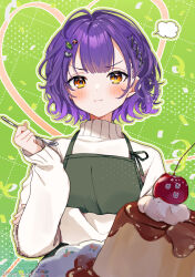 1girl 6crcg :i ahoge apron artist_name blush cherry closed_mouth commentary confetti double-parted_bangs eyelashes food fruit green_apron green_background green_outline grid_background hair_ornament hand_up heart highres long_sleeves looking_at_viewer nanase_suzuna nijisanji orange_eyes outline plate pout pudding purple_hair short_hair sleeves_past_wrists solo sweater symbol-only_commentary tearing_up turtleneck turtleneck_sweater twitter_username v-shaped_eyebrows virtual_youtuber watermark wavy_hair white_outline white_sweater x_hair_ornament
