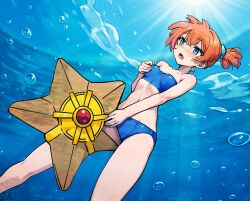 1girl absurdres air_bubble asymmetrical_hair bare_arms bare_legs bare_shoulders between_legs bikini blue_bikini blue_eyes blush breasts bubble crotch_rub female_focus female_masturbation gen_1_pokemon gym_leader hair_between_eyes highres legs light_rays masturbation masturbation_through_clothes misty_(pokemon) navel nintendo nipple_stimulation nipple_tweak one-piece_swimsuit open_mouth orange_hair pokemon pokemon_(anime) pokemon_(classic_anime) pokemon_rgby ponytail riding short_hair side_ponytail small_breasts solo staryu strapless strapless_bikini strapless_one-piece_swimsuit swimsuit teeth thighs tongue underwater water