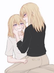 2girls absurdres bang_dream! bang_dream!_it&#039;s_mygo!!!!! black_shirt blonde_hair blush brown_skirt commentary firman_acker half-siblings hands_on_another&#039;s_face hashtag-only_commentary highres incest long_sleeves medium_hair misumi_uika misumi_uika&#039;s_sister multiple_girls parted_lips purple_eyes saliva saliva_trail shirt short_sleeves simple_background skirt spoilers white_background white_shirt yuri