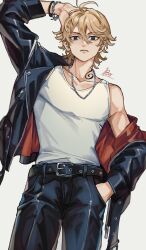 1boy belt black_belt black_eyes black_jacket black_pants blonde_hair bo_1125359 bracelet dragon_tattoo empty_eyes highres jacket jewelry long_sleeves looking_at_viewer male_focus neck_tattoo official_alternate_hairstyle pants sano_manjirou short_hair tattoo tokyo_revengers undershirt white_undershirt