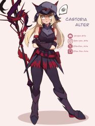 1girl alter_servant alternate_costume alternate_design angry armband arms_around_waist artoria_caster_(fate) artoria_pendragon_(fate) black_boots black_dress blonde_hair boots breasts character_name dress fate/grand_order fate_(series) hat highres long_hair looking_to_the_side original pen-pen_arts red_armband simple_background sleeveless solo speech_bubble twintails twitter_username white_background