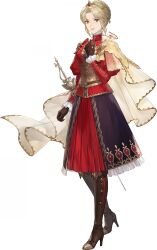 1girl absurdres armor blonde_hair boots braid braided_bun brown_eyes brown_gloves cape gloves hair_bun hand_on_own_chest high_collar high_heel_boots high_heels highres inanna_(sword_of_convallaria) juliet_sleeves long_sleeves non-web_source official_art pauldrons puffy_sleeves purple_skirt rapier shoulder_armor single_pauldron skirt solo sword sword_of_convallaria tiara weapon