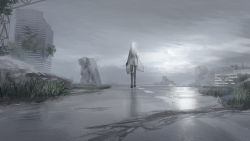 1girl black_shoes building chihuri cloud commentary_request facing_away from_behind grass grey_hair grey_jacket grey_pantyhose high_heels highres jacket long_hair outdoors pantyhose road ruins see-through_clothes shoes sky solo vocaloid walking water