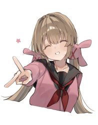 1girl black_sailor_collar brown_hair cardigan closed_eyes cropped_torso facing_viewer hair_ornament higa_(gominami) highres long_hair low_twintails natori_sana natori_sana_(school_uniform) neckerchief outstretched_arm pink_cardigan rabbit_hair_ornament red_neckerchief sailor_collar sana_channel school_uniform serafuku simple_background smile solo twintails upper_body v virtual_youtuber white_background