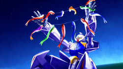absurdres clothesline gundam highres kite mecha mobile_suit night night_sky no_humans open_hands robot science_fiction sitting sky solo strictly_mecha turn_a_gundam turn_a_gundam_(mobile_suit) yellow_eyes