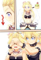 2girls 3koma absurdres arrow_(symbol) bangs_pinned_back bib black_dress black_nails black_skirt blue_eyes blush borrowed_character bowser_jr. bowsette bowsette_jr. bracelet breasts brooch cleavage collar comic covering_another&#039;s_eyes dress expressionless fang fang_out fingernails from_side frown genderswap genderswap_(mtf) hair_between_eyes hair_tie highres horns icarus_(2010741) jewelry long_hair looking_down mario_(series) mother_and_daughter multiple_girls nail_polish navel new_super_mario_bros._u_deluxe nintendo open_mouth parody pointy_ears purple_eyes sharp_fingernails short_hair sidelocks sitting skirt smoke spiked_bracelet spiked_collar spikes strapless strapless_dress super_crown thighs upper_body very_long_hair wariza white_footwear