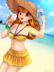 1girl :d alena_(dq4) alternate_costume beach bikini blue_sky blue_trim blunt_bangs bracelet breasts cellphone cleavage collarbone commentary_request cowboy_shot cup curly_hair disposable_cup dragon_quest dragon_quest_iv earrings frappuccino hat highres holding holding_cup holding_phone jewelry large_breasts long_hair midriff momoiito ocean open_mouth orange_hair outdoors phone red_eyes skindentation sky slime_(dragon_quest) smile solo straw_hat sun_hat swimsuit taking_picture yellow_bikini