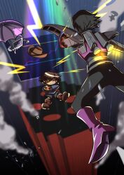 Rule 34 | 1boy, 1other, amputee, armor, battle, battle damage, black hair, black pants, black shoes, boots, broken wires, brown boots, brown hair, cellphone, cowboy hat, damaged, electricity, frisk (undertale), hat, holding, holding phone, houten (dre a mer), indoors, jetpack, joints, lightning bolt symbol, mettaton, mettaton (box), mettaton ex, midair, monitor, one eye closed, pants, phone, pink boots, purple shirt, robot boy, robot joints, shirt, shoes, shoulder armor, smoke, sparkling eyes, strobe lights, umbrella, undertale, wire