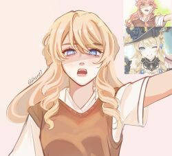 1girl 2hzrd7 artist_name blonde_hair blue_eyes brown_background brown_sweater_vest commentary cosplay drill_hair drill_sidelocks genshin_impact highres kininatteru_hito_ga_otoko_ja_nakatta long_hair navia_(genshin_impact) oosawa_aya oosawa_aya_(cosplay) open_mouth reference_inset shirt short_sleeves sidelocks simple_background solo sweater_vest white_shirt