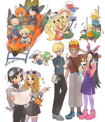 6+boys 6+girls ahoge alternate_costume professor_sycamore black_hair blonde_hair blue_eyes bonnie_(pokemon) brown_hair calem_(pokemon) character_hat clemont_(pokemon) closed_eyes dark-skinned_female dark-skinned_male dark_skin dexio_(pokemon) diantha_(pokemon) eyewear_on_head fake_antennae fake_tail flying_sweatdrops gardevoir gen_3_pokemon gen_6_pokemon gogoat grant_(pokemon) green_eyes hat heart highres holding holding_map long_hair looking_at_another map multiple_boys multiple_girls multiple_views nintendo pangoro pokemon pokemon_(creature) pokemon_xy rain_(tonight_862) roller_coaster round_eyewear selfie_stick serena_(pokemon) shauna_(pokemon) siebold_(pokemon) sina_(pokemon) skiddo standing sweater tail talonflame tierno_(pokemon) trevor_(pokemon) turtleneck turtleneck_sweater tyrantrum v valerie_(pokemon) very_long_hair viola_(pokemon) white_hat